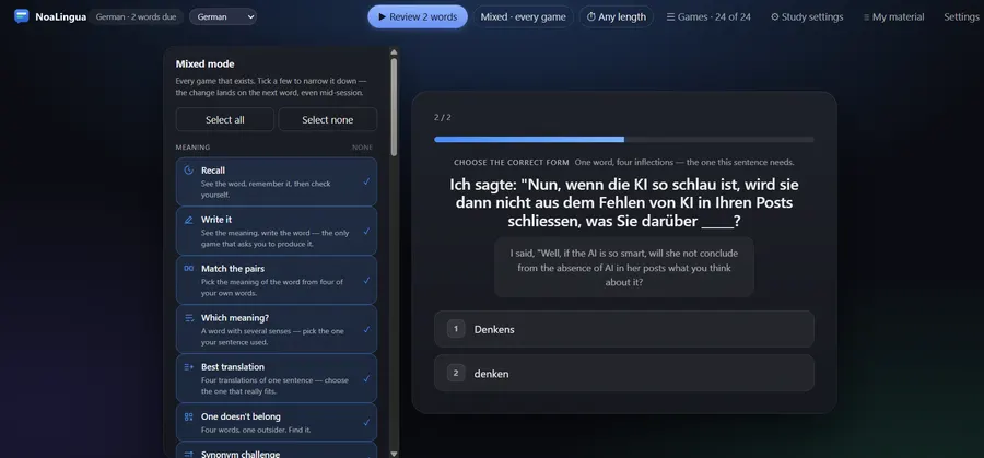 The Learn tab with a list of selectable game modes on the left and a fill-in-the-form grammar question on the right.