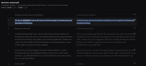The same PDF shown as a bilingual book, German in the left column and English in the right, aligned sentence by sentence.