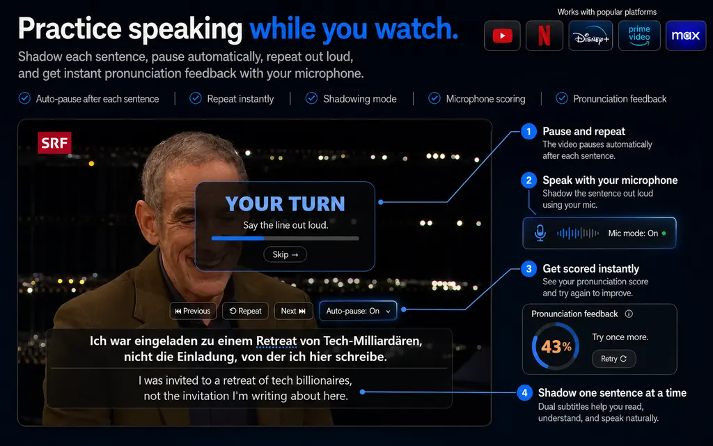 A paused video showing the YOUR TURN panel with a countdown, the sentence and its translation underneath, and a pronunciation score of 43 per cent with a retry button.