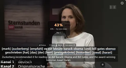 A pronunciation score of 43 per cent over a video, with the subtitle below showing several words in square brackets where they were not recognised.