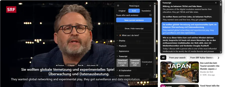 A YouTube video with the NoaLingua quick menu open and a transcript panel beside it, each sentence followed by its English translation.