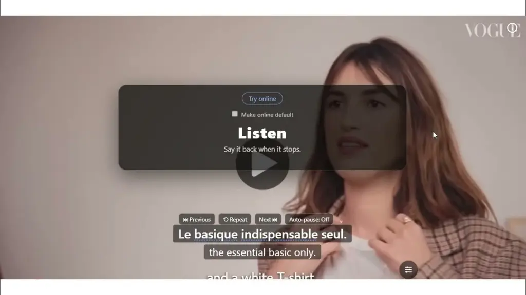 A frame from the NoaLingua walkthrough: a YouTube video playing with two subtitle lines beneath it, the original above and its translation below.
